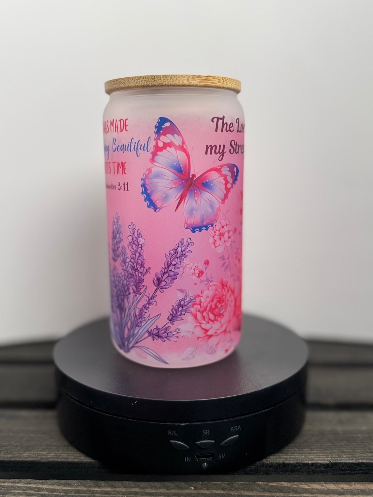 Lavender Flowers & Butterflies – 16 oz Frosted Libbey Glass Can - HisWord Designs
