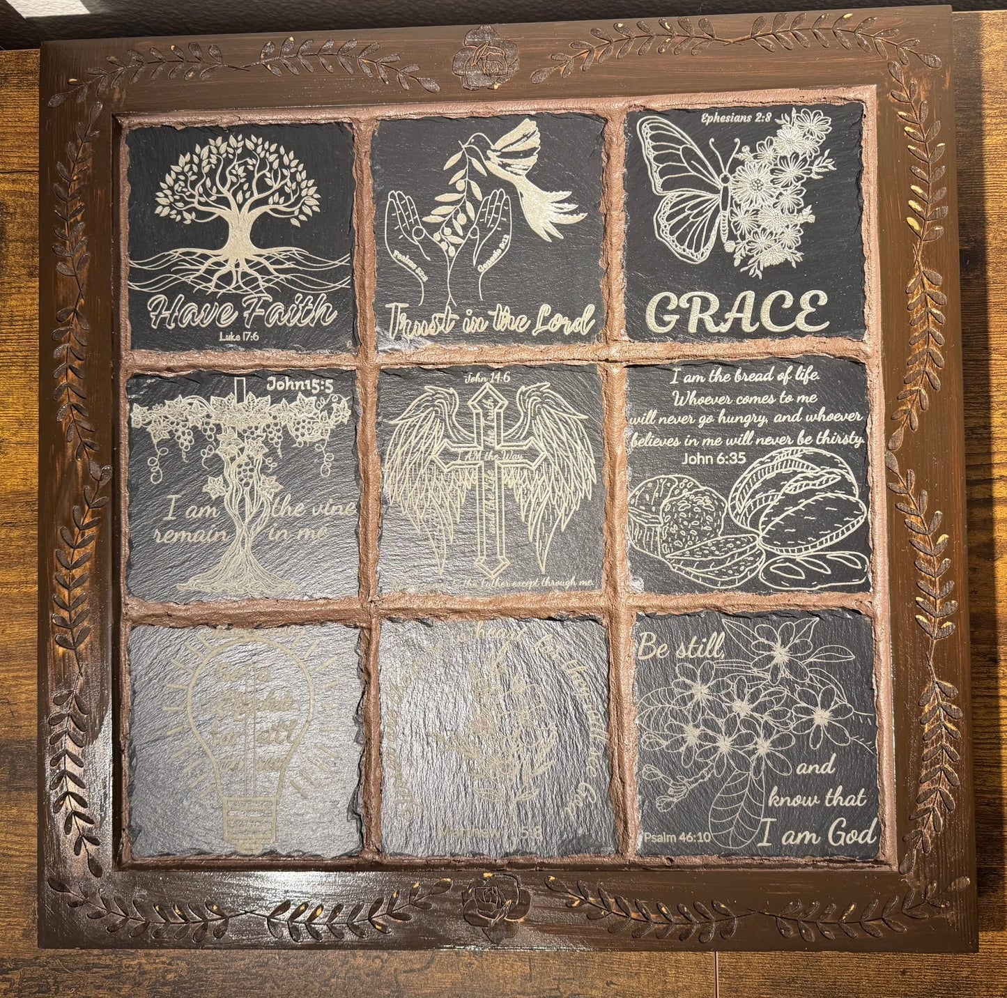 Rock Slates Embedded Frame Christian Wall Art – Handmade Engraved Wood Sign, Rustic Religious Home Decor - HisWord Designs