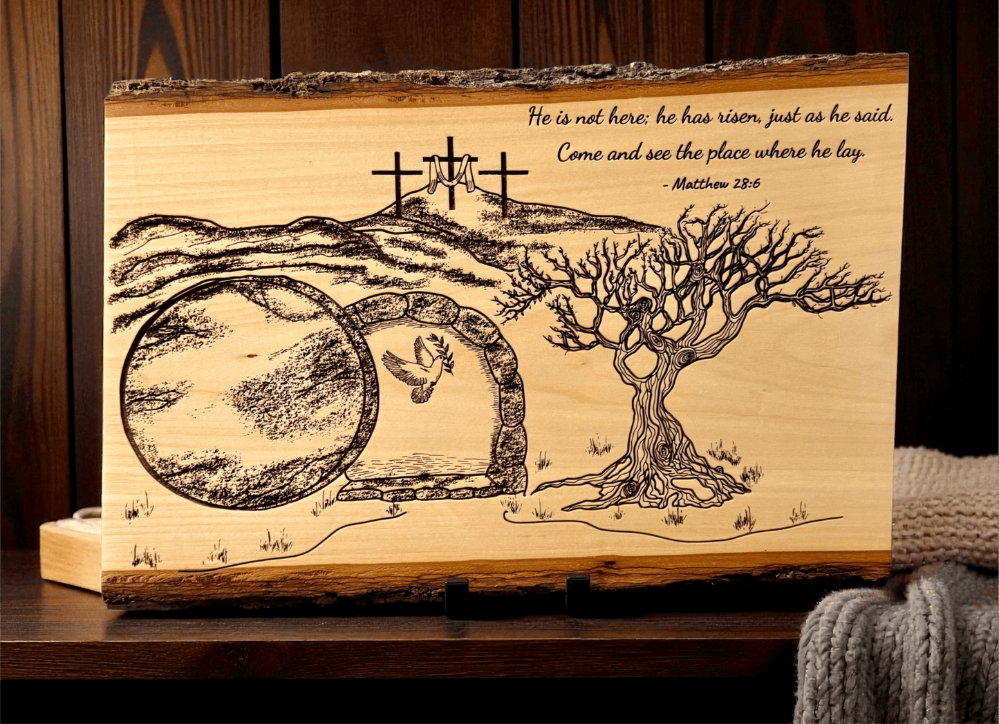 He Is Risen | Matthew 28:6 Engraved Live Edge Wood Wall Art | Resurrection Christian Decor | Empty Tomb Scripture Sign | Easter Faith Art - HisWord Designs