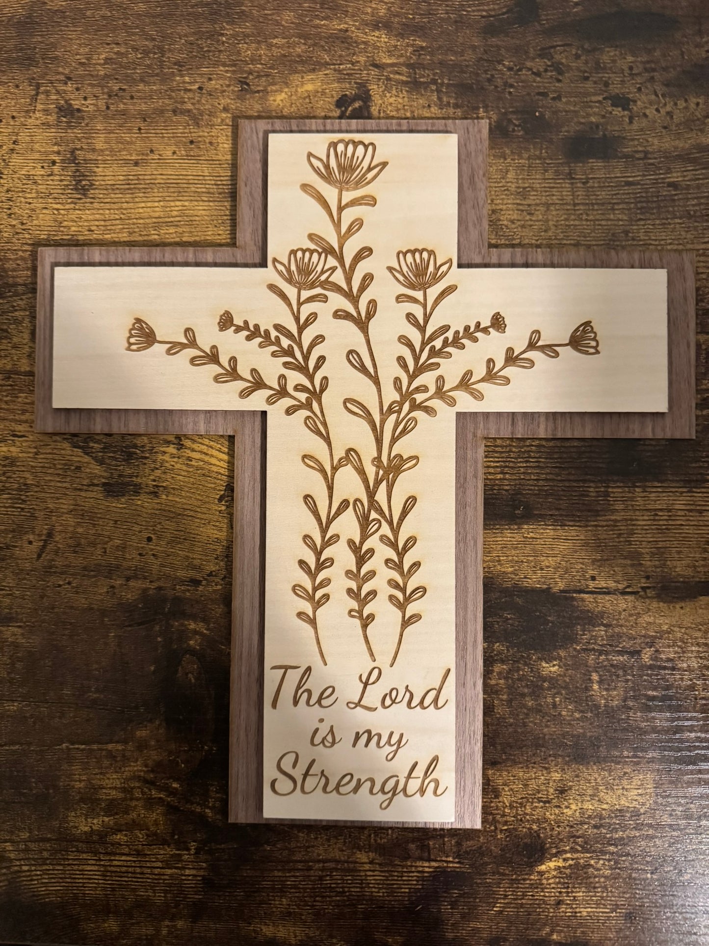 Laser - Engraved Wooden Cross – "The Lord is my strength" Wall Art - HisWord Designs