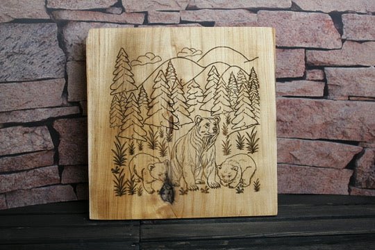 Pine Wood Bears and Cubs Forest Sign – Handmade Engraved Rustic Wall Art - HisWord Designs