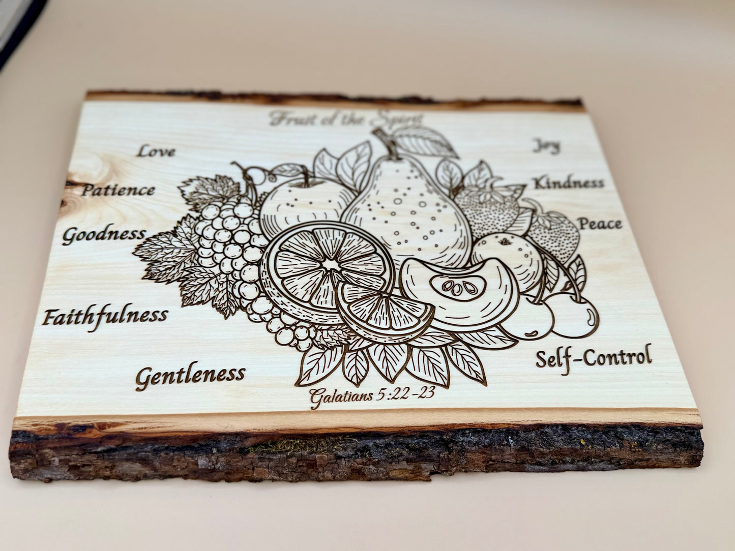 Fruit of the Spirit Live Edge Wood Plaque - Galatians 5:22-23 - Fruit of the Spirit Live Edge Wood Plaque - Galatians 5:22-23