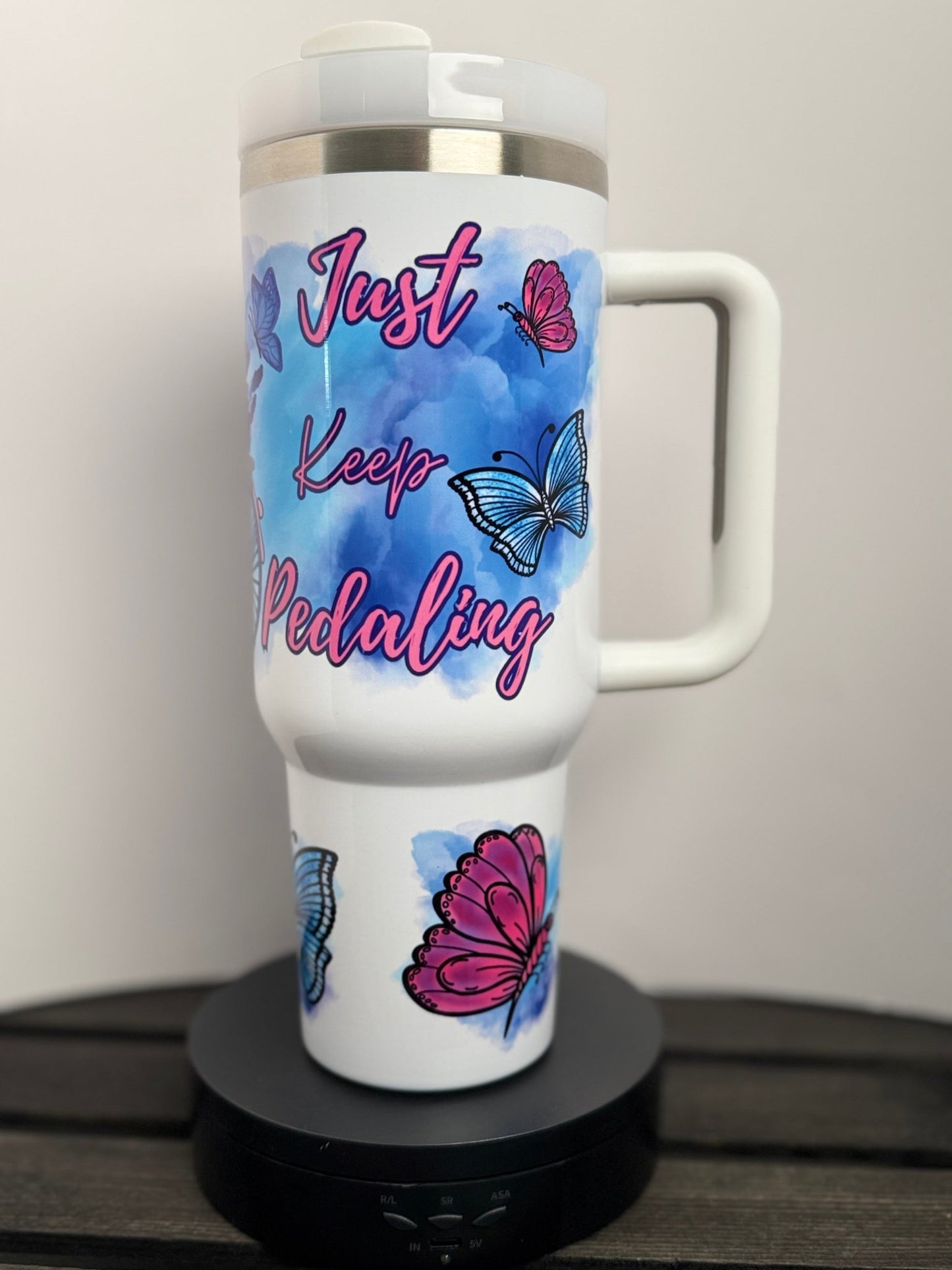 Just Keep Pedaling Butterfly Tumbler – 40 oz Inspirational Drinkware - HisWord Designs