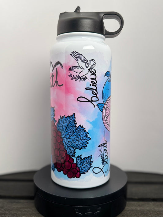 40 oz Christian Fruit - Themed Water Bottle - Faith, Love, Saved, Believe - HisWord Designs
