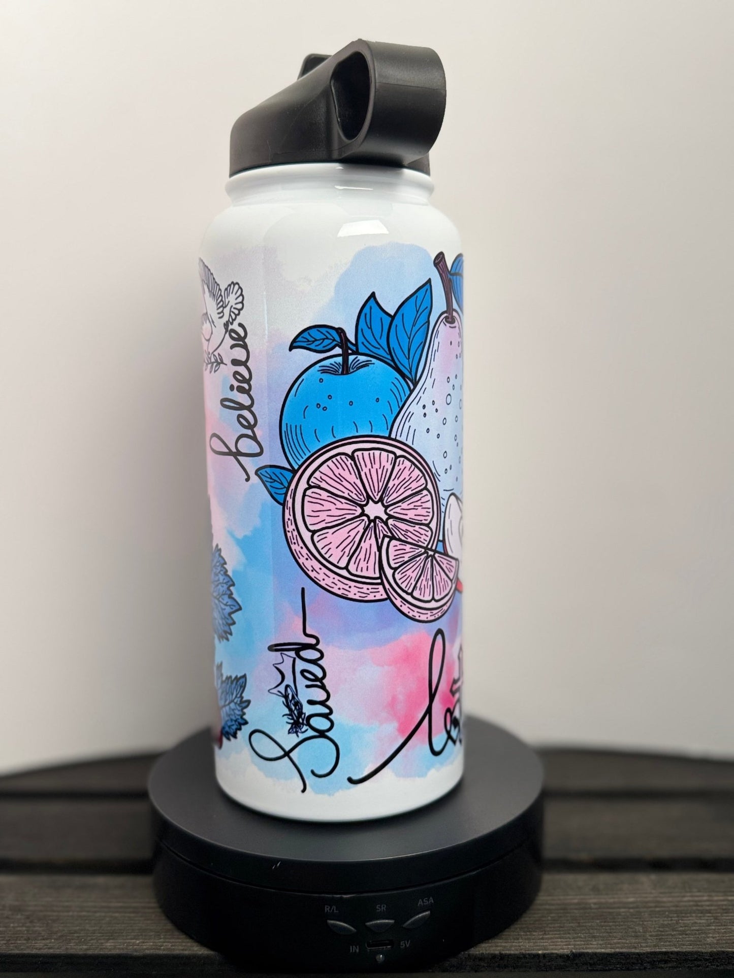 40 oz Christian Fruit - Themed Water Bottle - Faith, Love, Saved, Believe - HisWord Designs