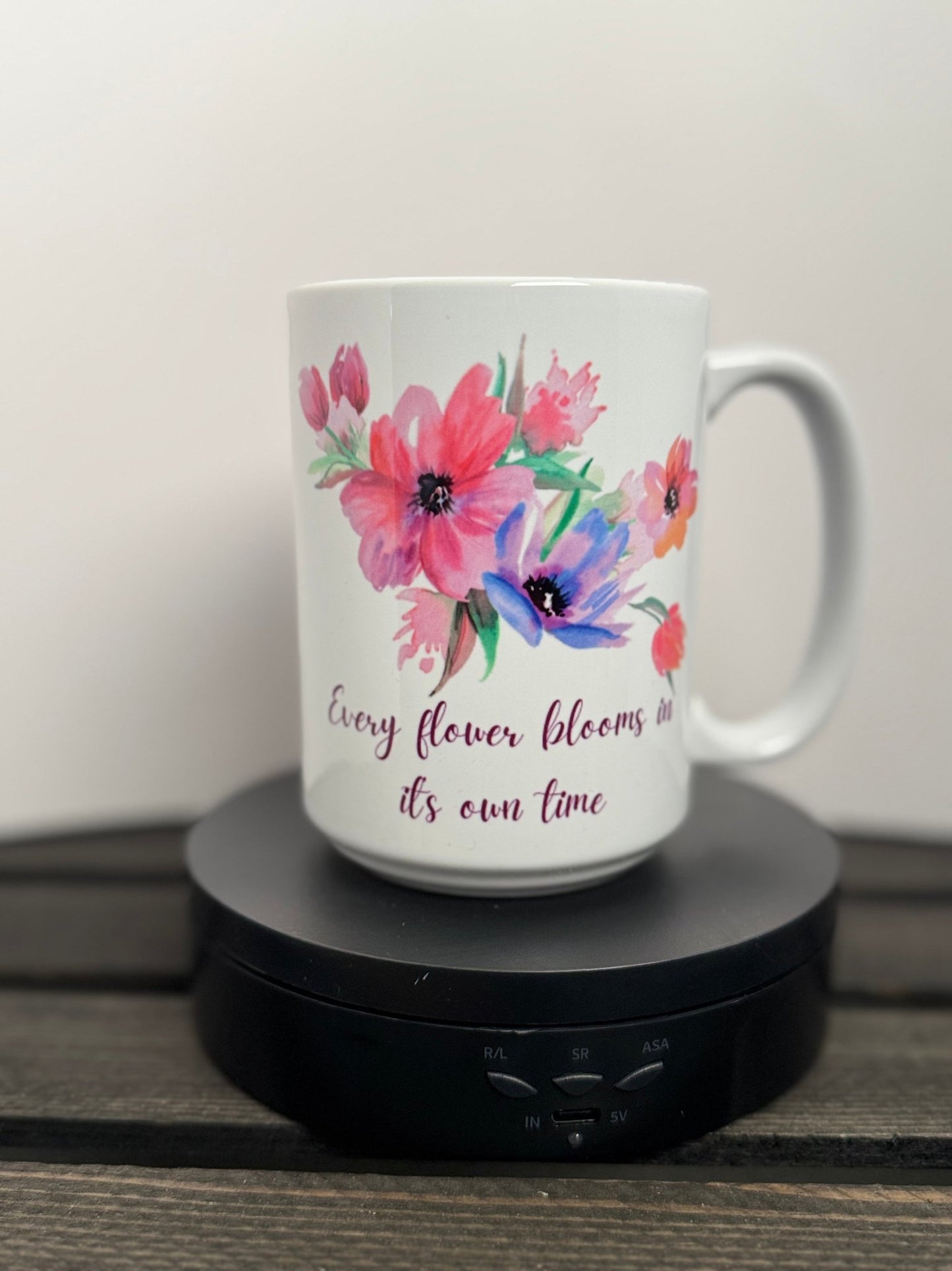 Every Flower Blooms in Its Own Time – Watercolor Floral Mug (15 oz) - HisWord Designs