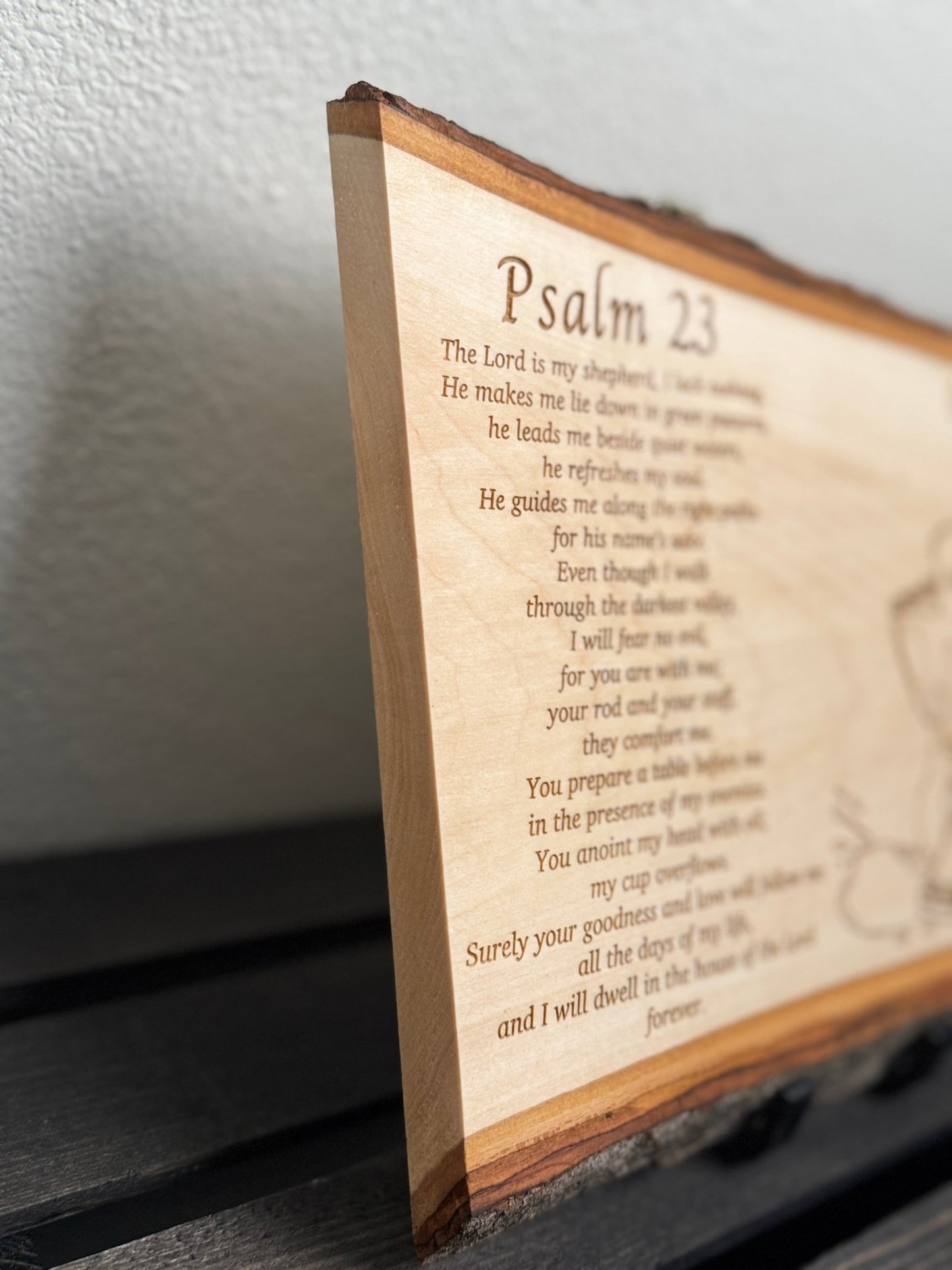 Psalm 23 Live Edge Wood Sign, Christian Wood Wall Art, Hand - Drawn Scripture Decor, Overflowing Cup, Gift for Prayer Room, Pastor or Couple - HisWord Designs