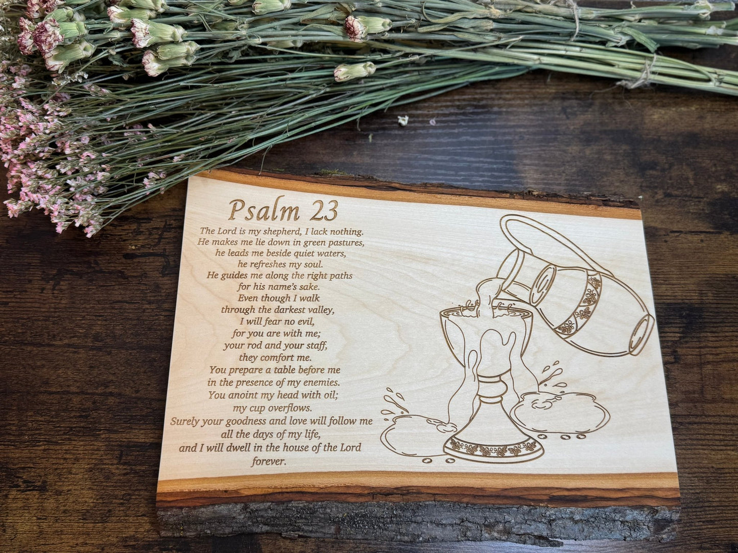 Psalm 23 Live Edge Wood Sign, Christian Wood Wall Art, Hand - Drawn Scripture Decor, Overflowing Cup, Gift for Prayer Room, Pastor or Couple - HisWord Designs