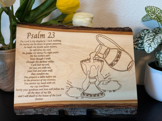 Psalm 23 Live Edge Wood Sign, Christian Wood Wall Art, Hand - Drawn Scripture Decor, Overflowing Cup, Gift for Prayer Room, Pastor or Couple - HisWord Designs