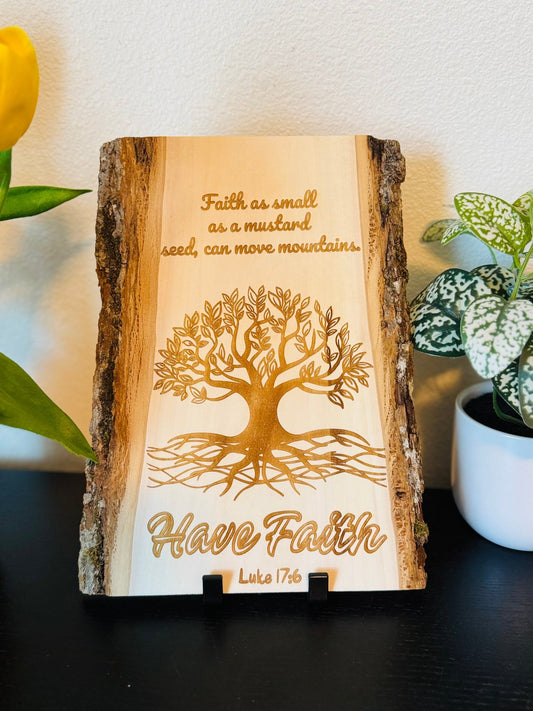 Have Faith Live Edge Wood Sign, Luke 17:6, Christian Wall Art, Handmade Basswood Decor, Spiritual Gift for Prayer Room, Pastor or Couple - HisWord Designs