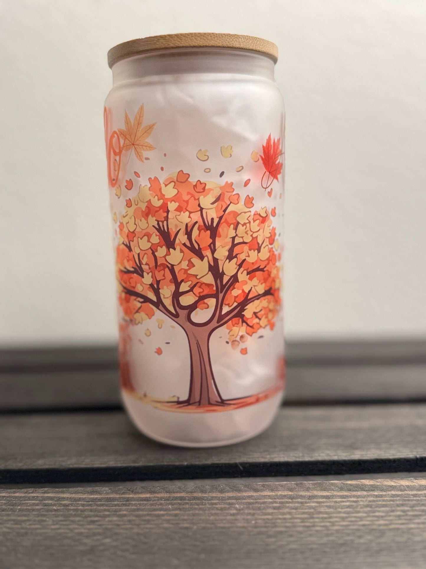 Hello Fall – 16 oz Frosted Glass Can with Lid & Straw – Autumn Tree, Puppy & Acorns Design - HisWord Designs