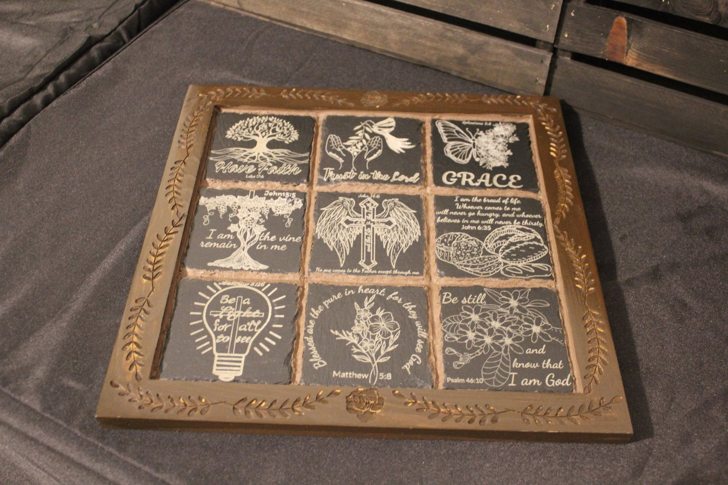 Rock Slates Embedded Frame Christian Wall Art – Handmade Engraved Wood Sign, Rustic Religious Home Decor - HisWord Designs