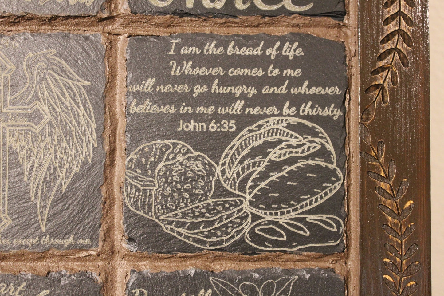 Rock Slates Embedded Frame Christian Wall Art – Handmade Engraved Wood Sign, Rustic Religious Home Decor - HisWord Designs