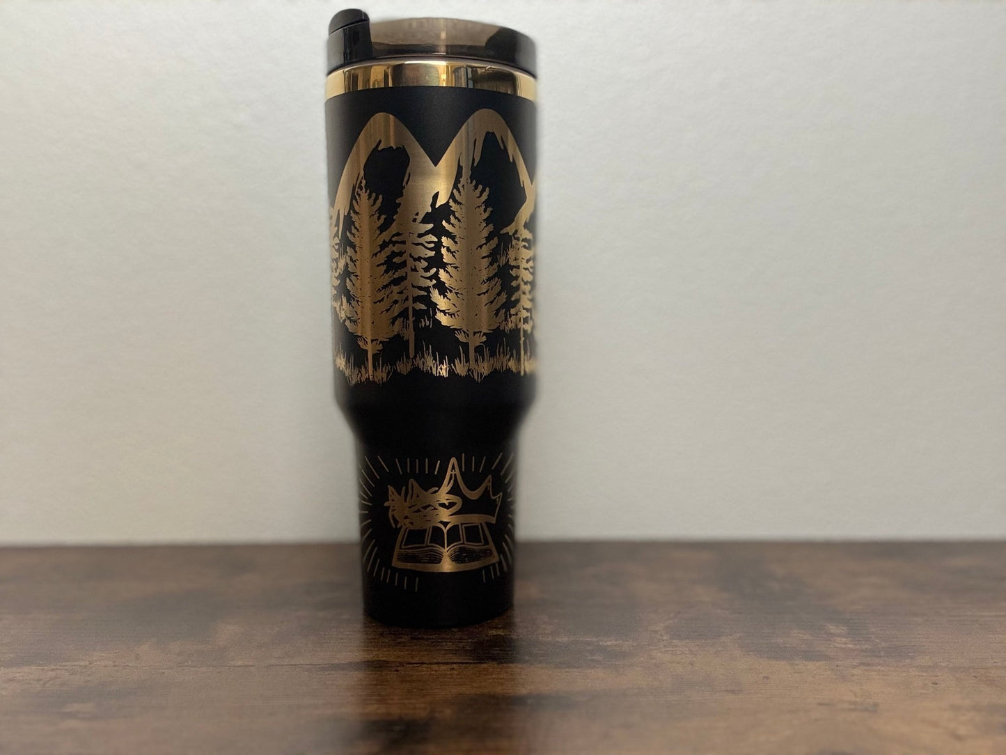 40 oz Engraved Tumbler - Black & Gold - Faith Can Move Mountains - HisWord Designs