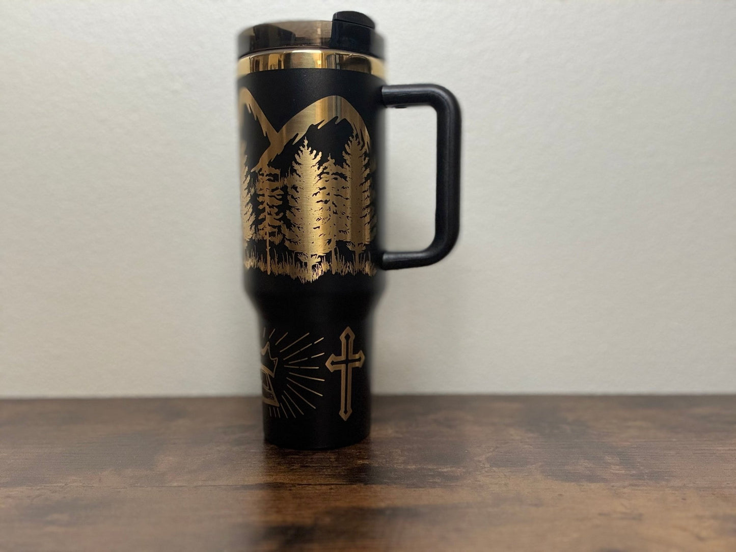 40 oz Engraved Tumbler - Black & Gold - Faith Can Move Mountains - HisWord Designs
