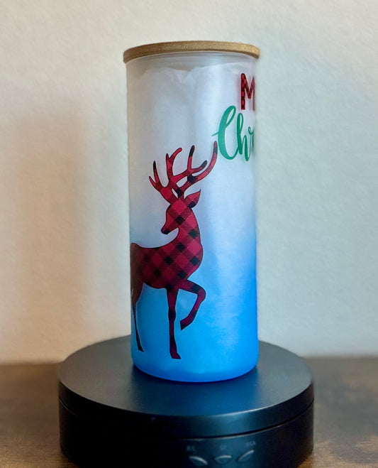 "Merry Christmas” 20 oz Frosted Libbey Glass Can – Christmas Tree and Reindeer - HisWord Designs