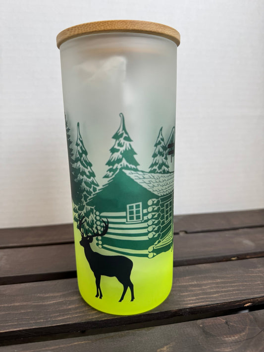 "Adventure Awaits” 20 oz Frosted Libbey Glass Can – Forest Camping Scene - HisWord Designs