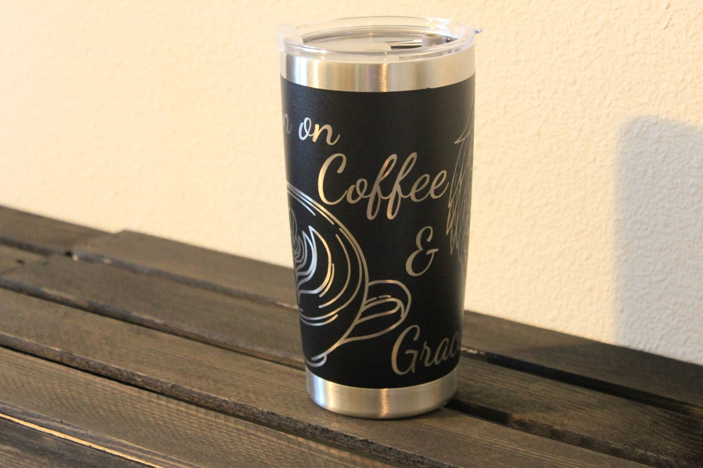 I Run on Grace and Coffee – 20 oz Black Engraved Faith & Coffee Tumbler - HisWord Designs