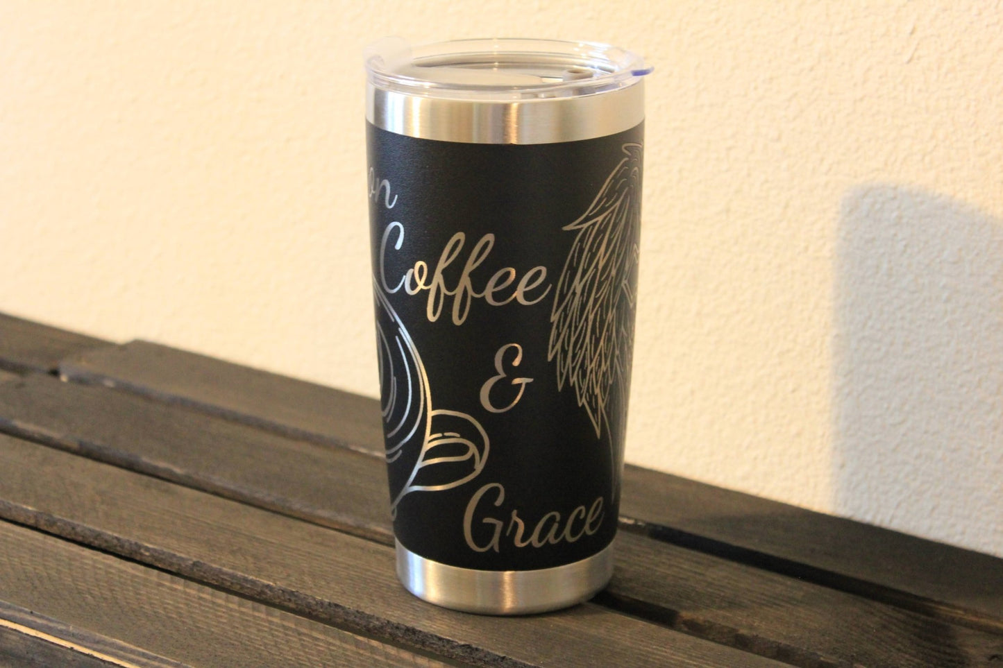 I Run on Grace and Coffee – 20 oz Black Engraved Faith & Coffee Tumbler - HisWord Designs