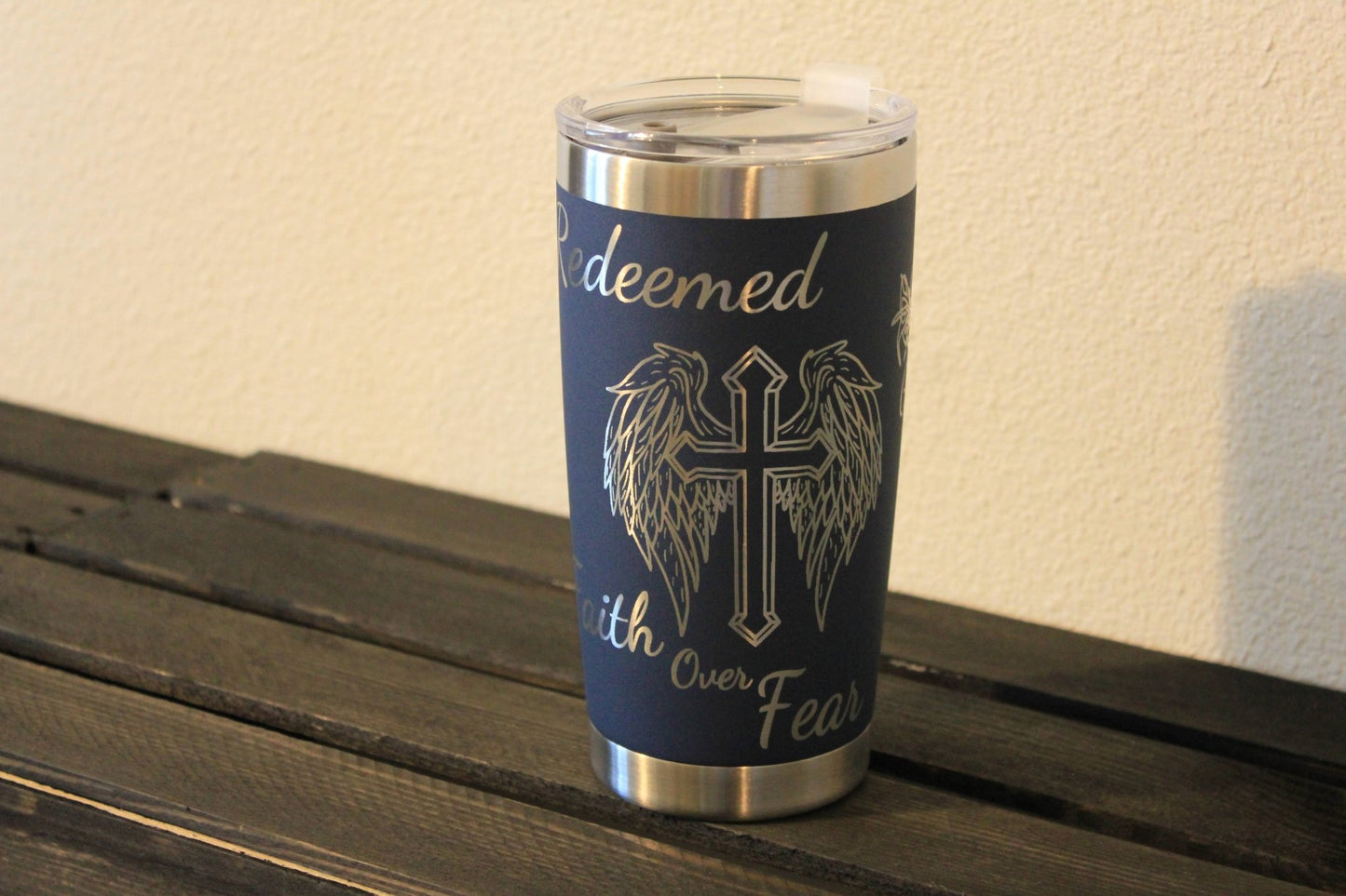 Faith Over Fear – 20 oz Navy Engraved Adventure Tumbler - HisWord Designs