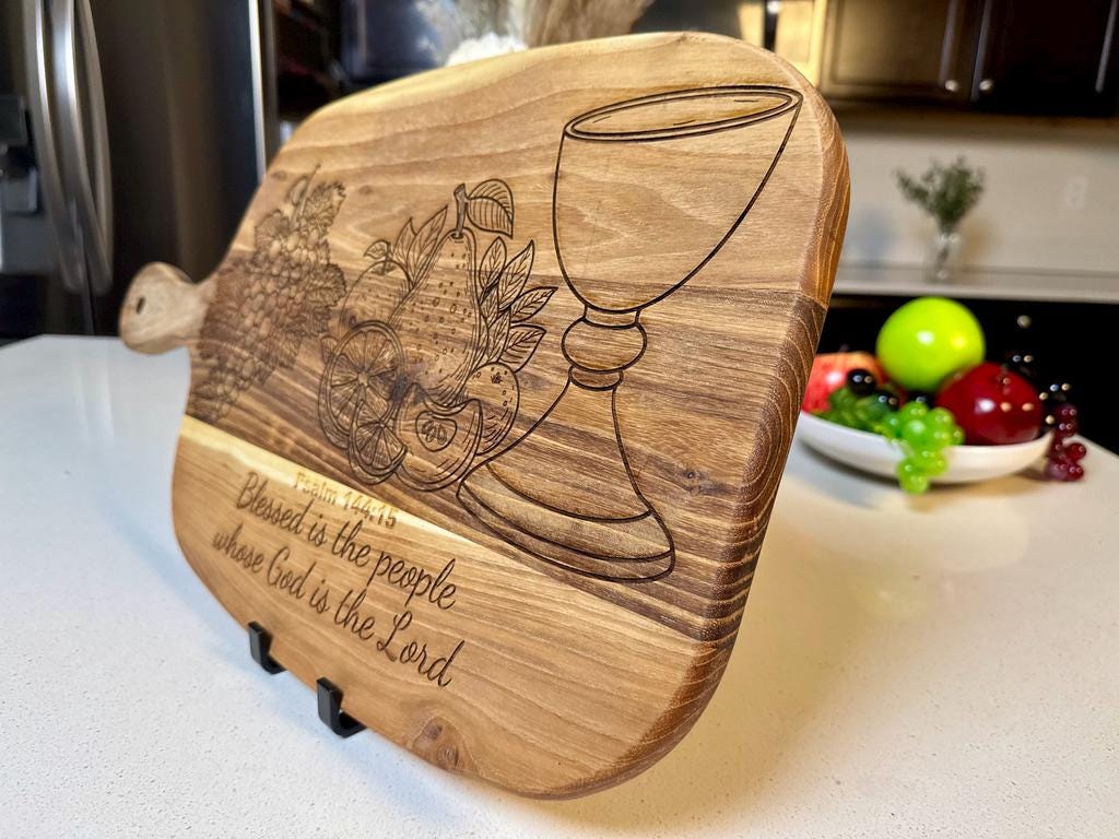 XL Teak Wood Serving Board – Psalm 144:15 Engraved,Religious Gifts,Faith - Based Charcuterie Board,Handcrafted, Hand - drawn,Housewarming Gifts - HisWord Designs