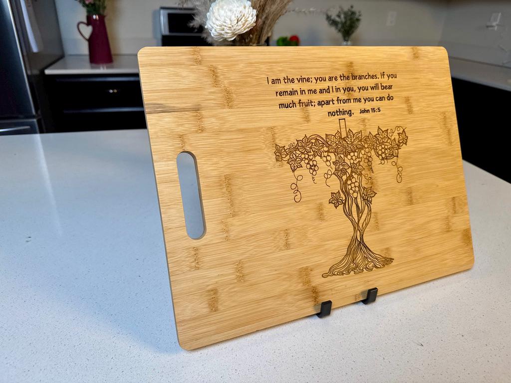 Engraved Bamboo Cutting Board – Christian Kitchen Decor, John 15:5 Scripture Gift, Religious Charcuterie Board, Housewarming Gift for him - HisWord Designs