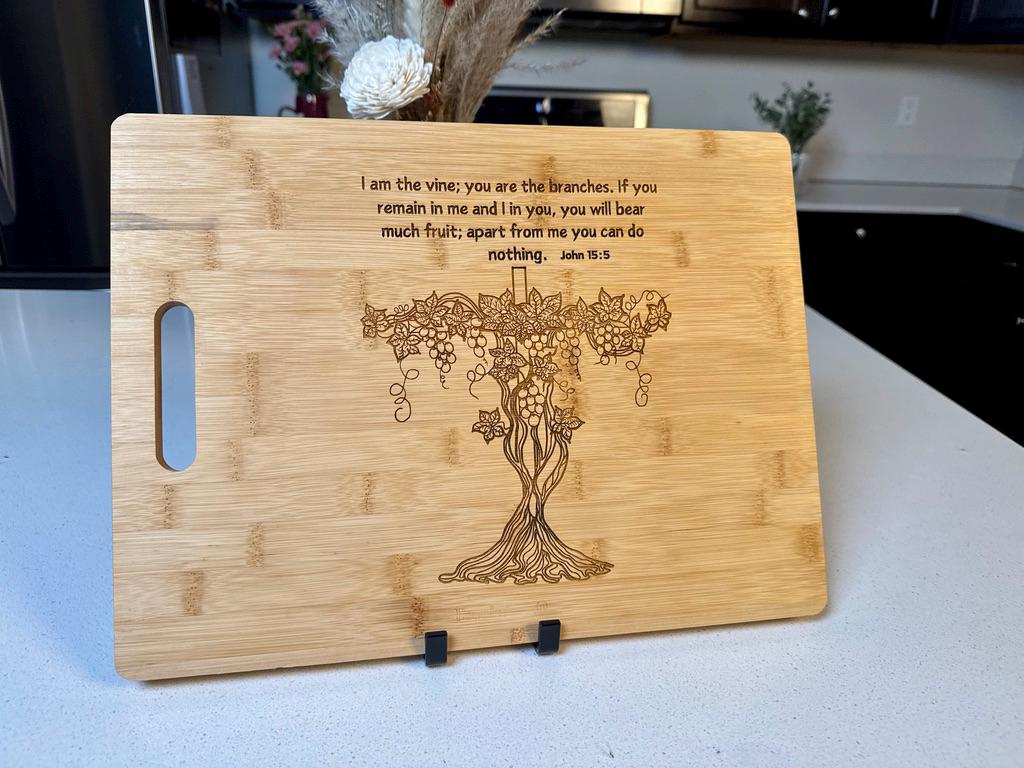Engraved Bamboo Cutting Board – Christian Kitchen Decor, John 15:5 Scripture Gift, Religious Charcuterie Board, Housewarming Gift for him - HisWord Designs