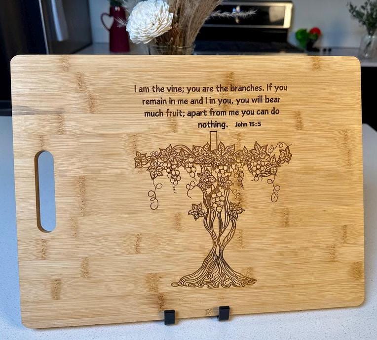 Engraved Bamboo Cutting Board – Christian Kitchen Decor, John 15:5 Scripture Gift, Religious Charcuterie Board, Housewarming Gift for him - HisWord Designs
