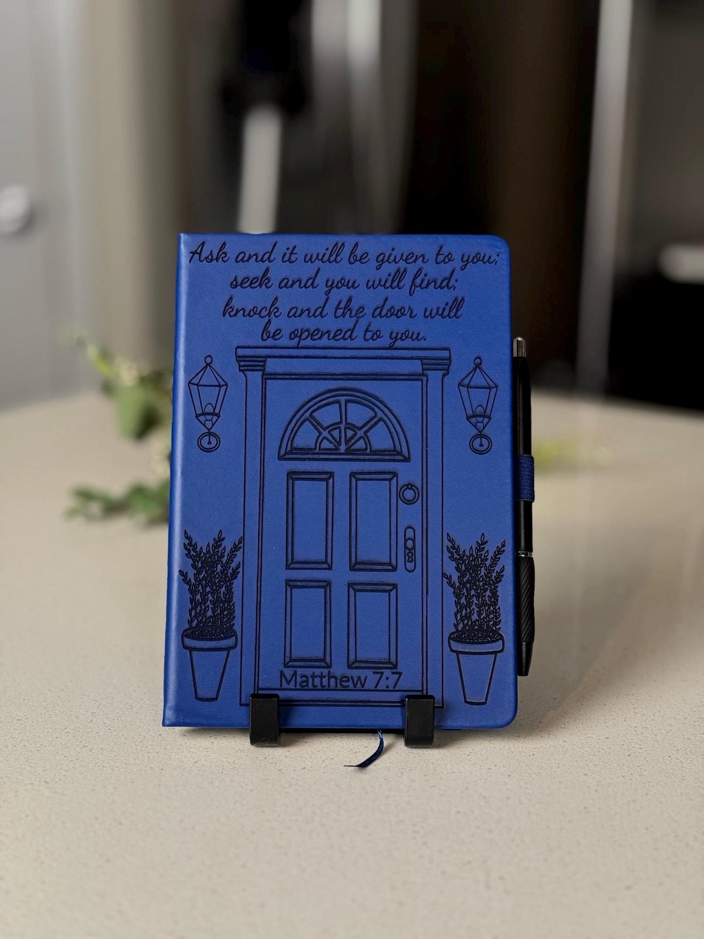 Custom Engraved Journal, Knock and the Door Will Be Opened, Blue Prayer notebook with Pen, Bible Verse Christian Gift for Men & Women - HisWord Designs