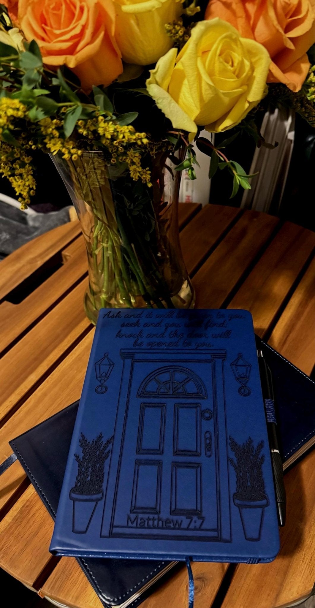 Custom Engraved Journal, Knock and the Door Will Be Opened, Blue Prayer notebook with Pen, Bible Verse Christian Gift for Men & Women - HisWord Designs