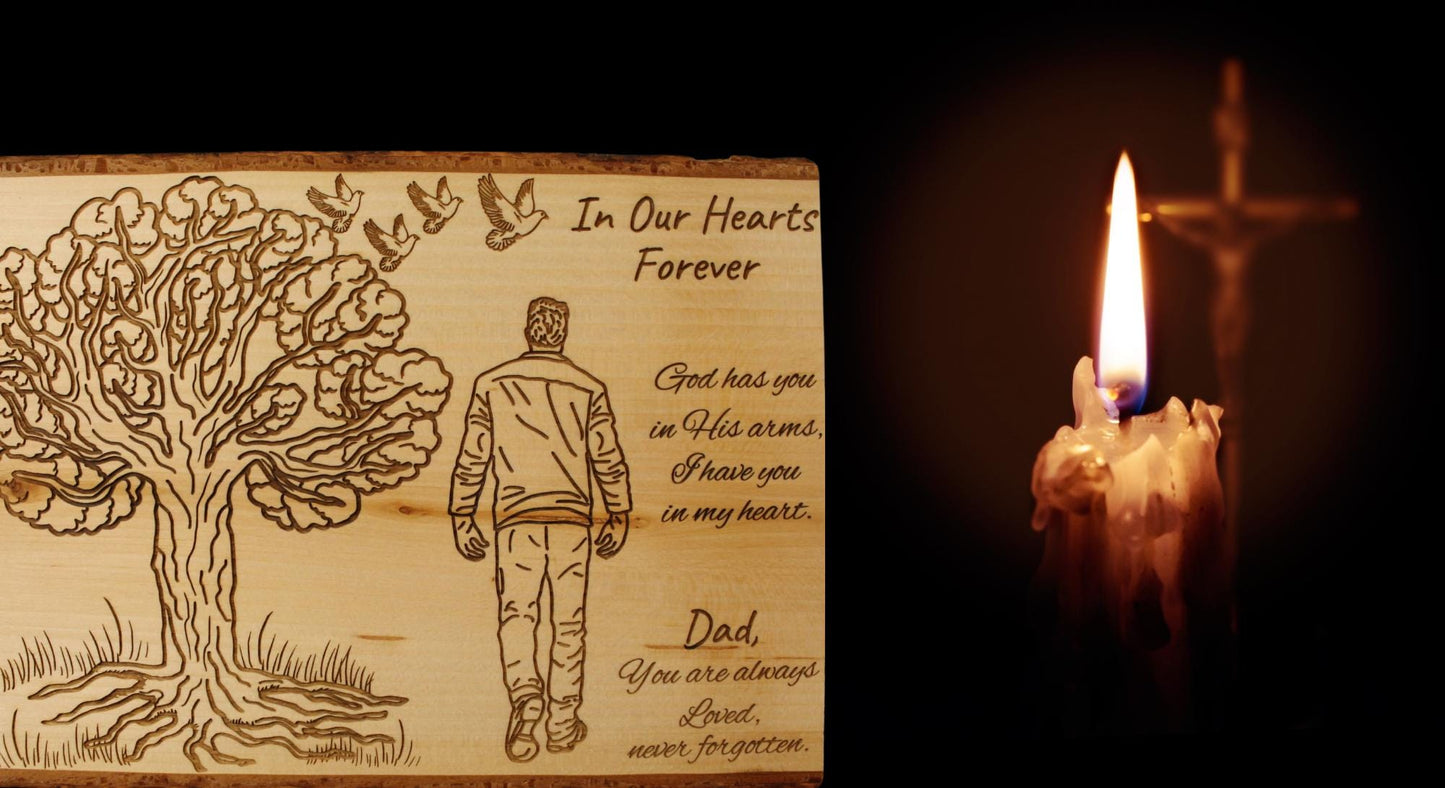 Custom engraved “In Loving Memory” memorial plaque, personalized with name and dates, live edge wood sympathy and faith gift, HisWord Designs Christian decor.