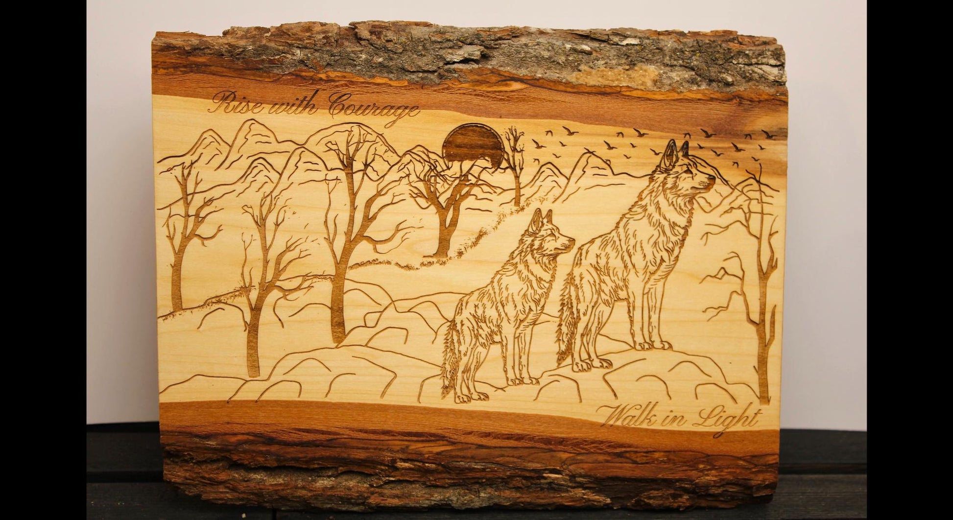 Rise with Courage Wolf Art – Engraved Live Edge Wood Sign, Inspirational Rustic Wall Decor - HisWord Designs
