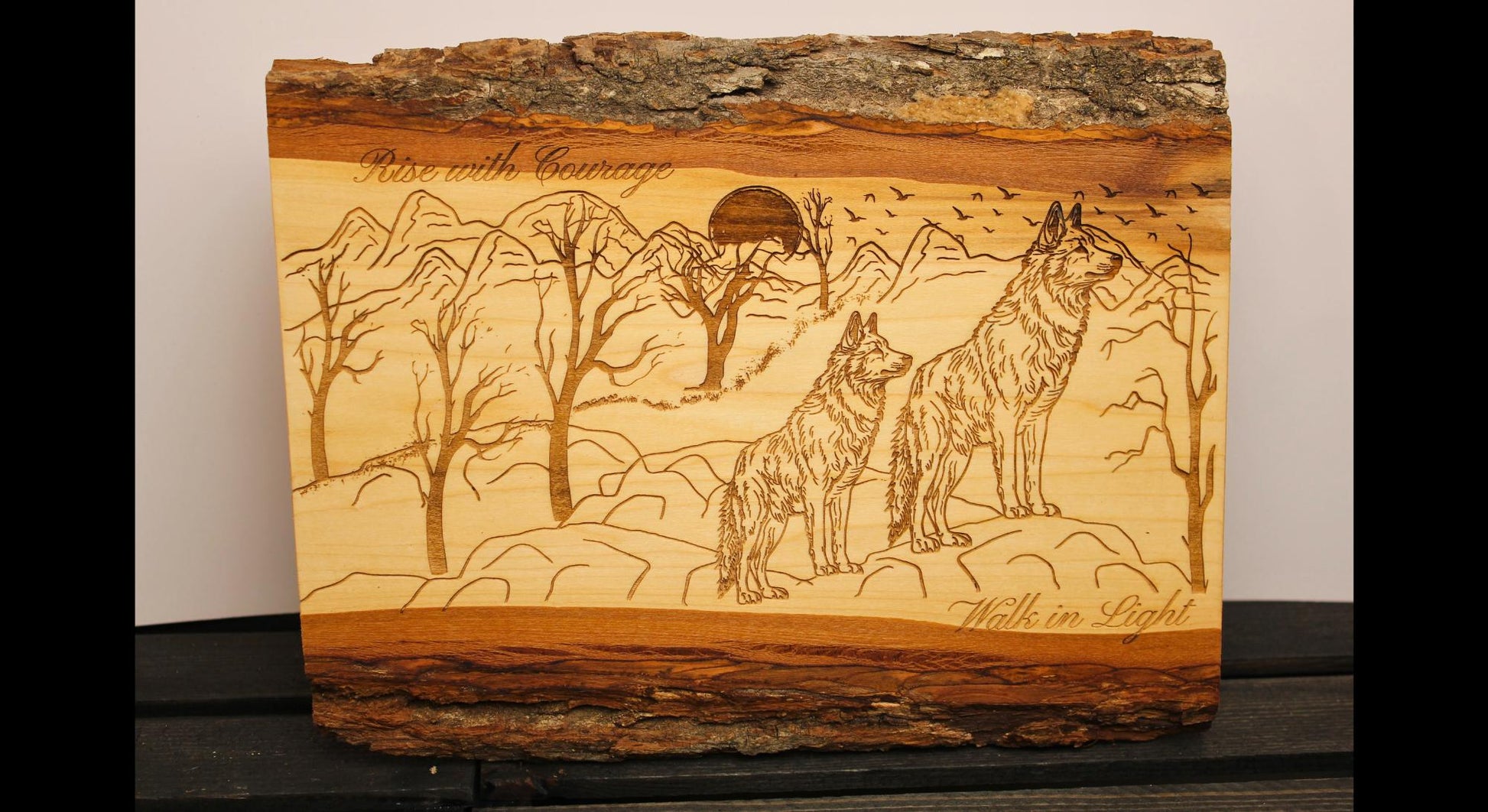 Rise with Courage Wolf Art – Engraved Live Edge Wood Sign, Inspirational Rustic Wall Decor - HisWord Designs