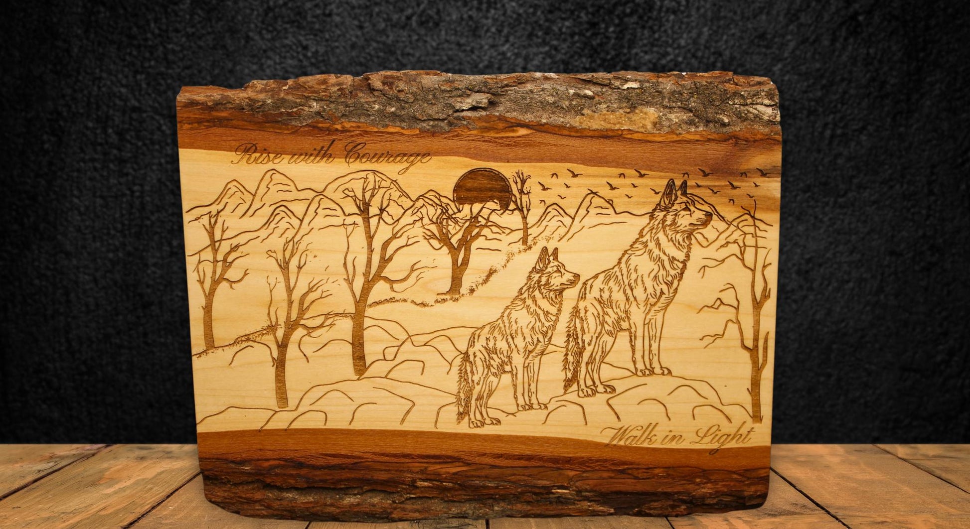 Rise with Courage Wolf Art – Engraved Live Edge Wood Sign, Inspirational Rustic Wall Decor - HisWord Designs