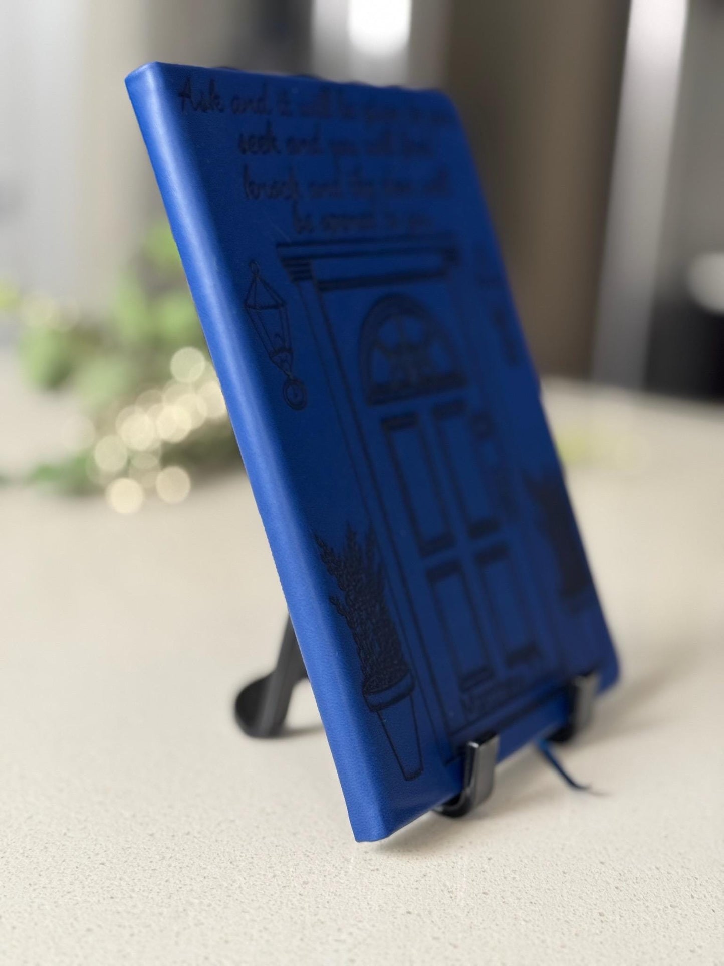 Custom Engraved Journal, Knock and the Door Will Be Opened, Blue Prayer notebook with Pen, Bible Verse Christian Gift for Men & Women - HisWord Designs