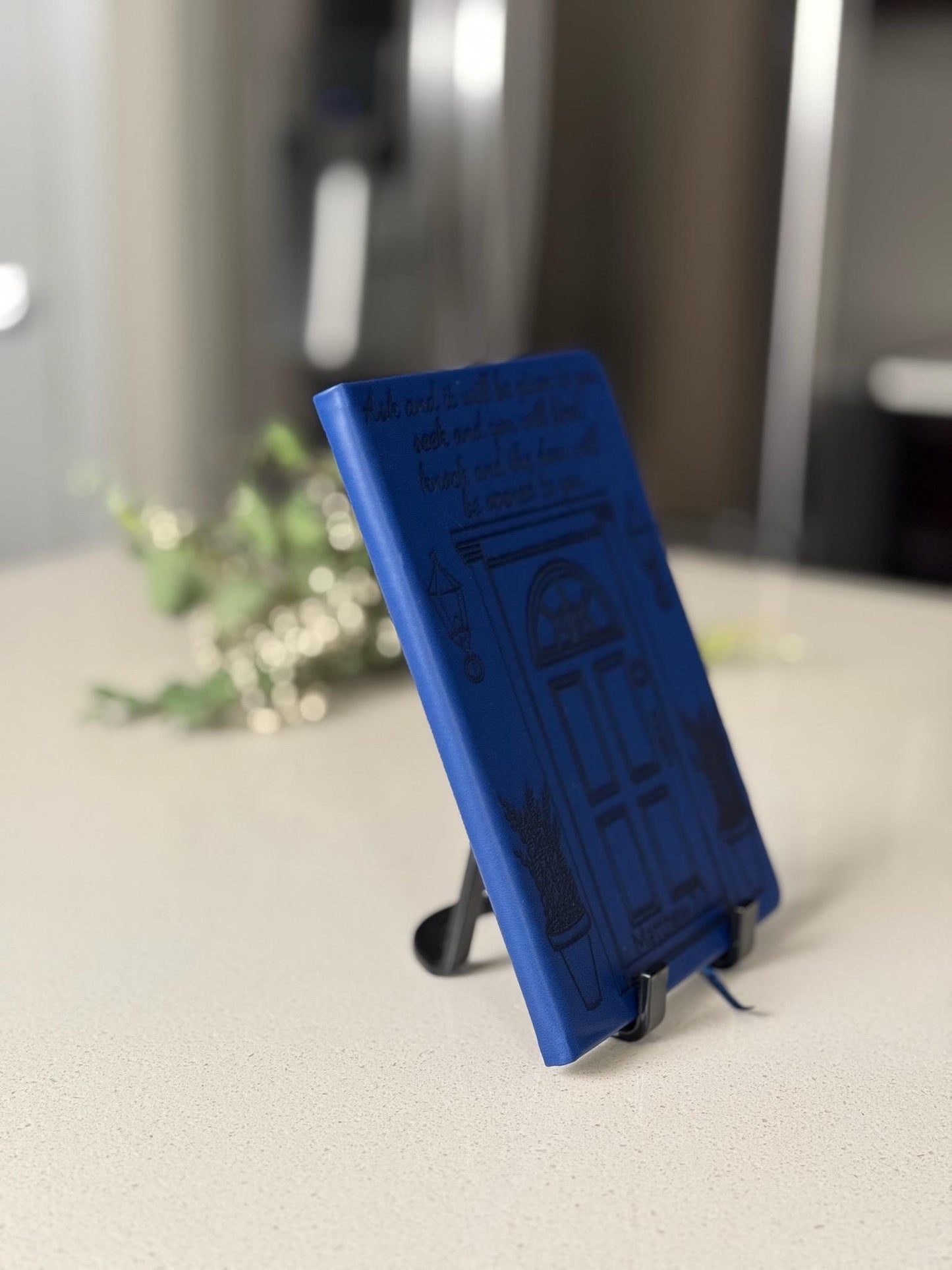 Custom Engraved Journal, Knock and the Door Will Be Opened, Blue Prayer notebook with Pen, Bible Verse Christian Gift for Men & Women - HisWord Designs