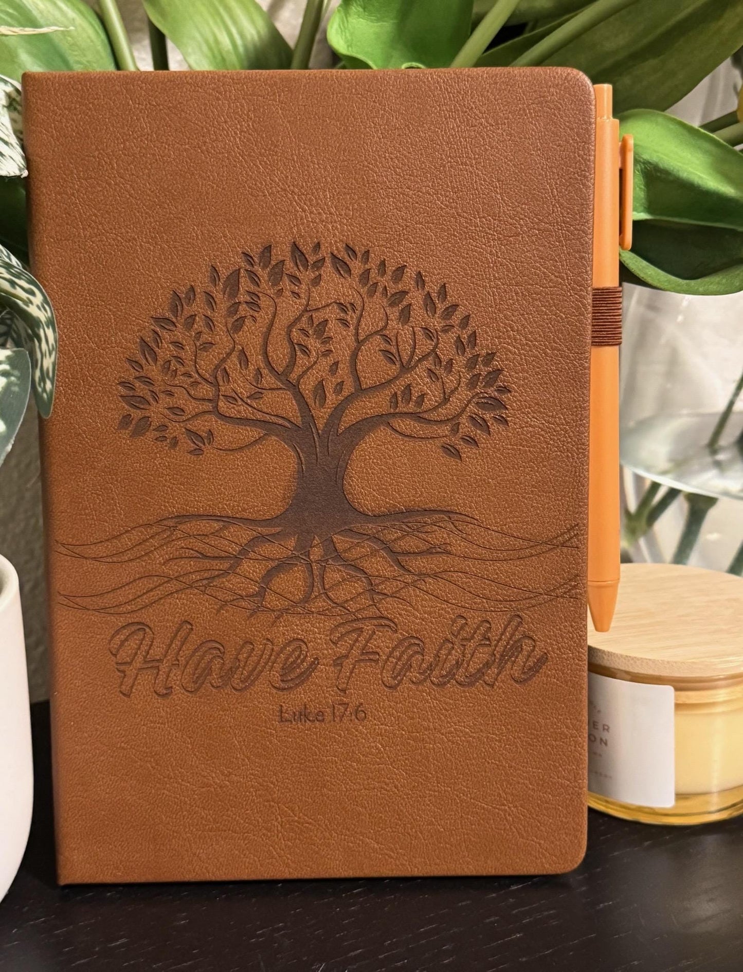 Personalized Have Faith Hand - Crafted Custom Engraved Journal, Luke 17:6, Bible Verse Journal, Brown Prayer Journal, Christian Gifts - HisWord Designs