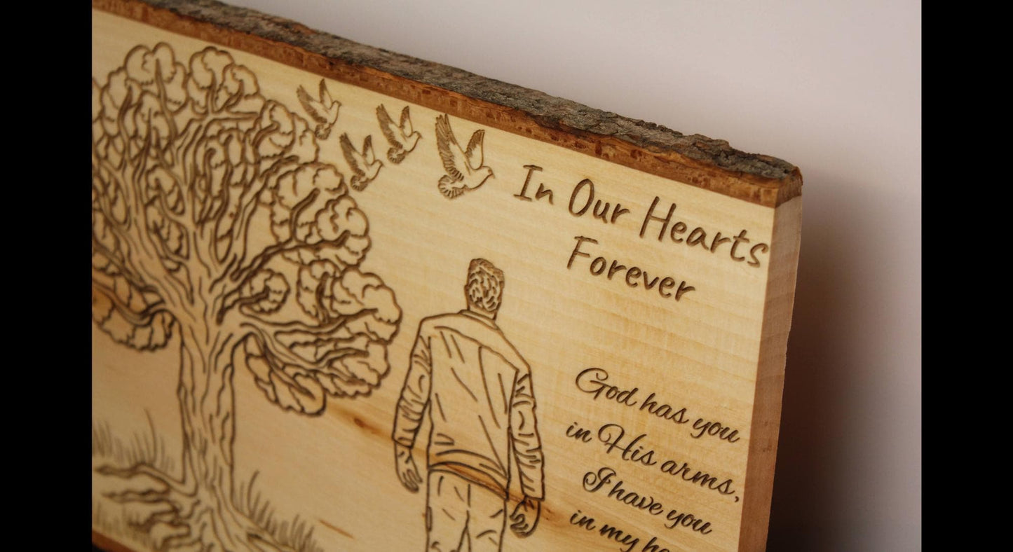 Faith-inspired engraved memorial plaque, personalized sympathy gift with custom name and dates on rustic wood sign, Christian remembrance home decor by HisWord Designs.