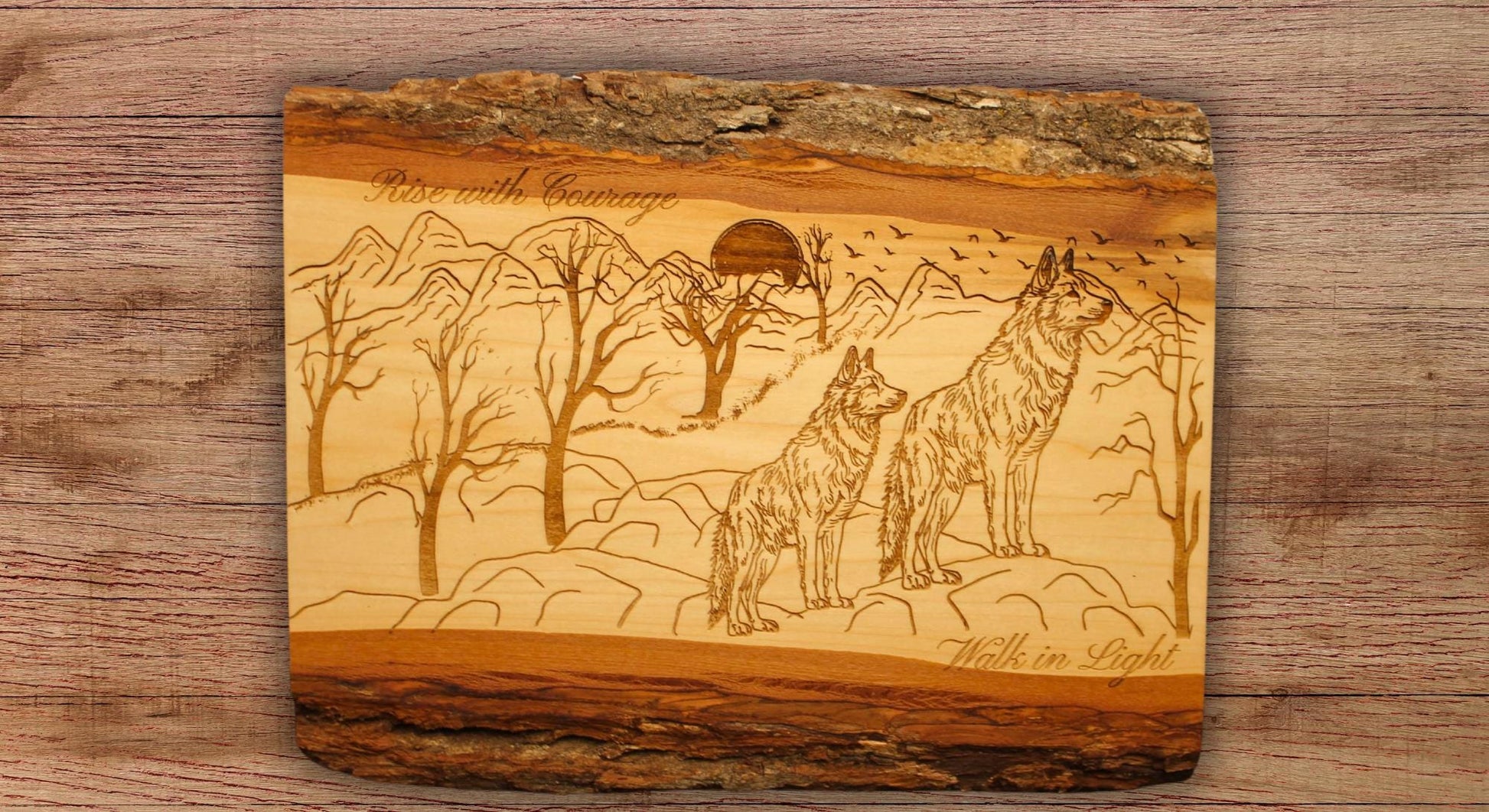 Rise with Courage Wolf Art – Engraved Live Edge Wood Sign, Inspirational Rustic Wall Decor - HisWord Designs