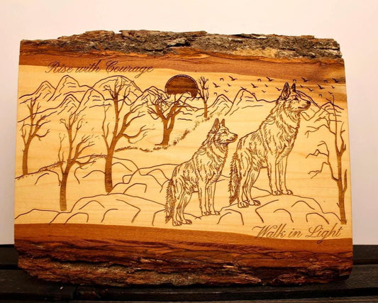 Rise with Courage Wolf Art – Engraved Live Edge Wood Sign, Inspirational Rustic Wall Decor - HisWord Designs