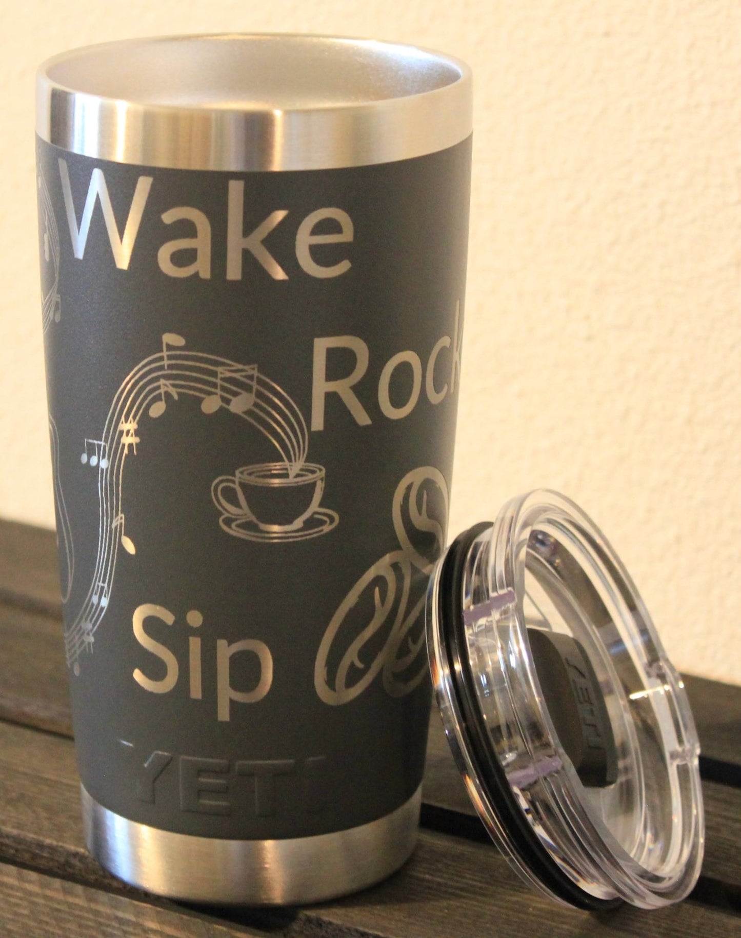 Music Lover Engraved Dark Gray 20 oz YETI® Tumbler | Wake Sip Rock & Roll Cup - HisWord Designs