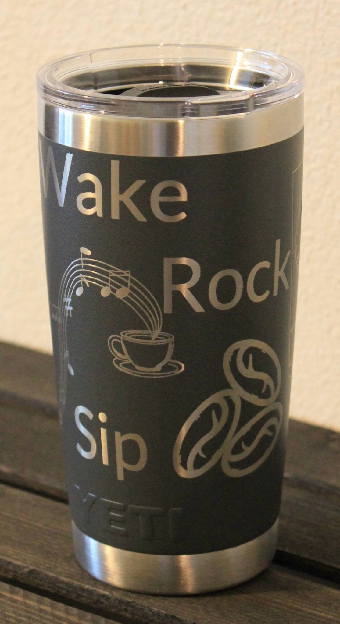Music Lover Engraved Dark Gray 20 oz YETI® Tumbler | Wake Sip Rock & Roll Cup - HisWord Designs