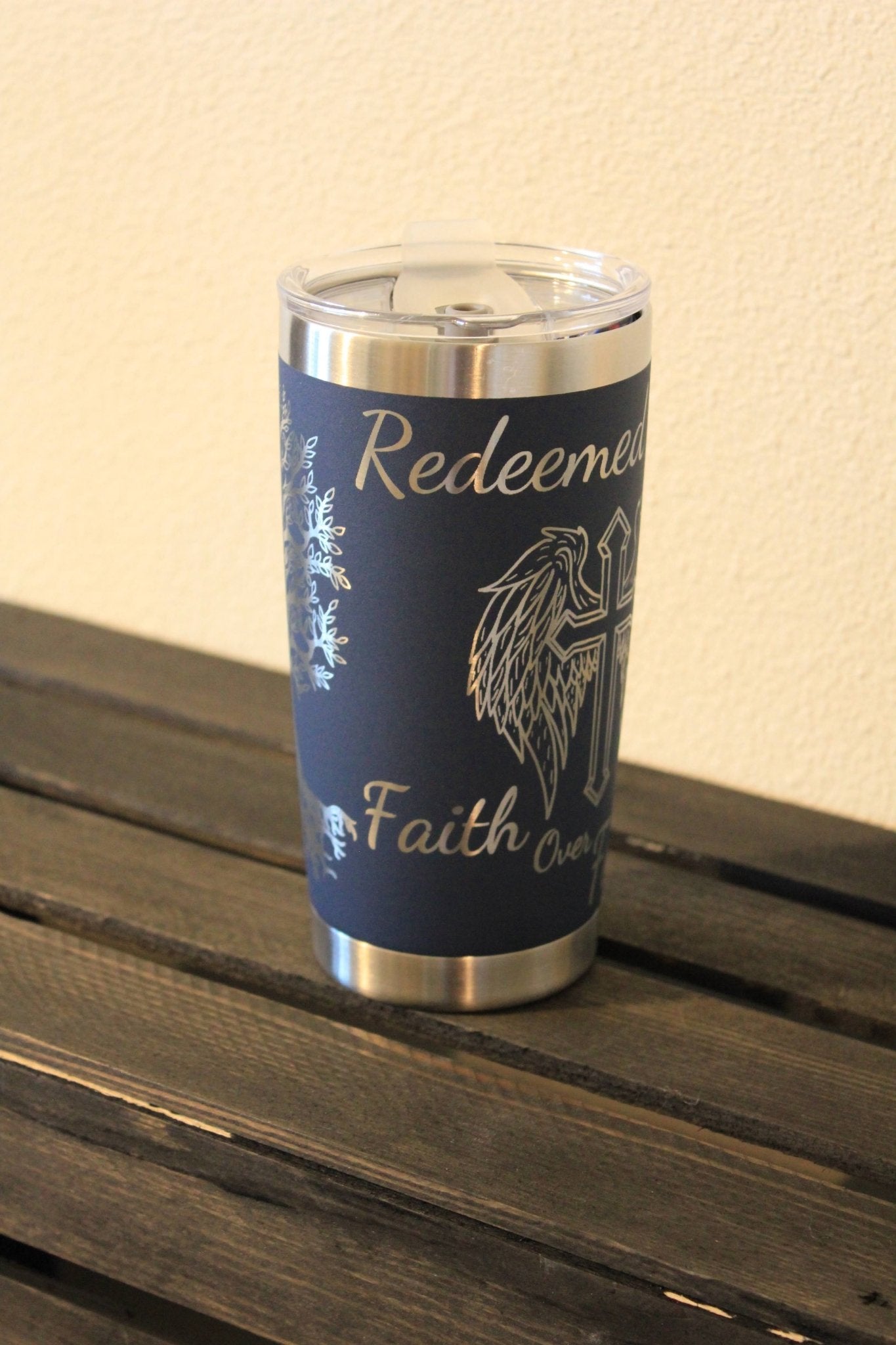 Faith Over Fear – 20 oz Navy Engraved Adventure Tumbler - HisWord Designs