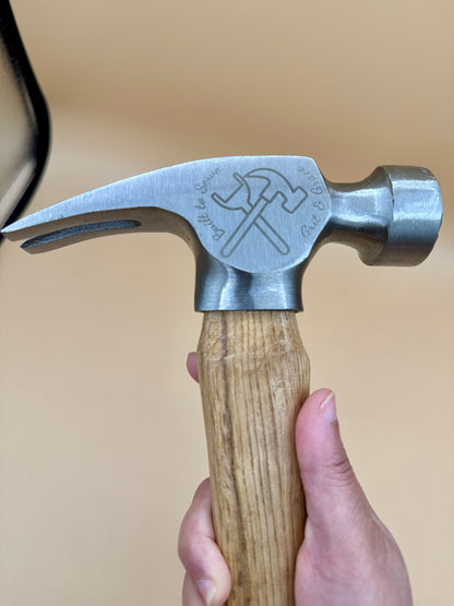 Forged in the Mountains Engraved Claw Hammer - Mountain Pine Edition - Close-up of engraved steel claw hammer head and hardwood handle — His Word Designs