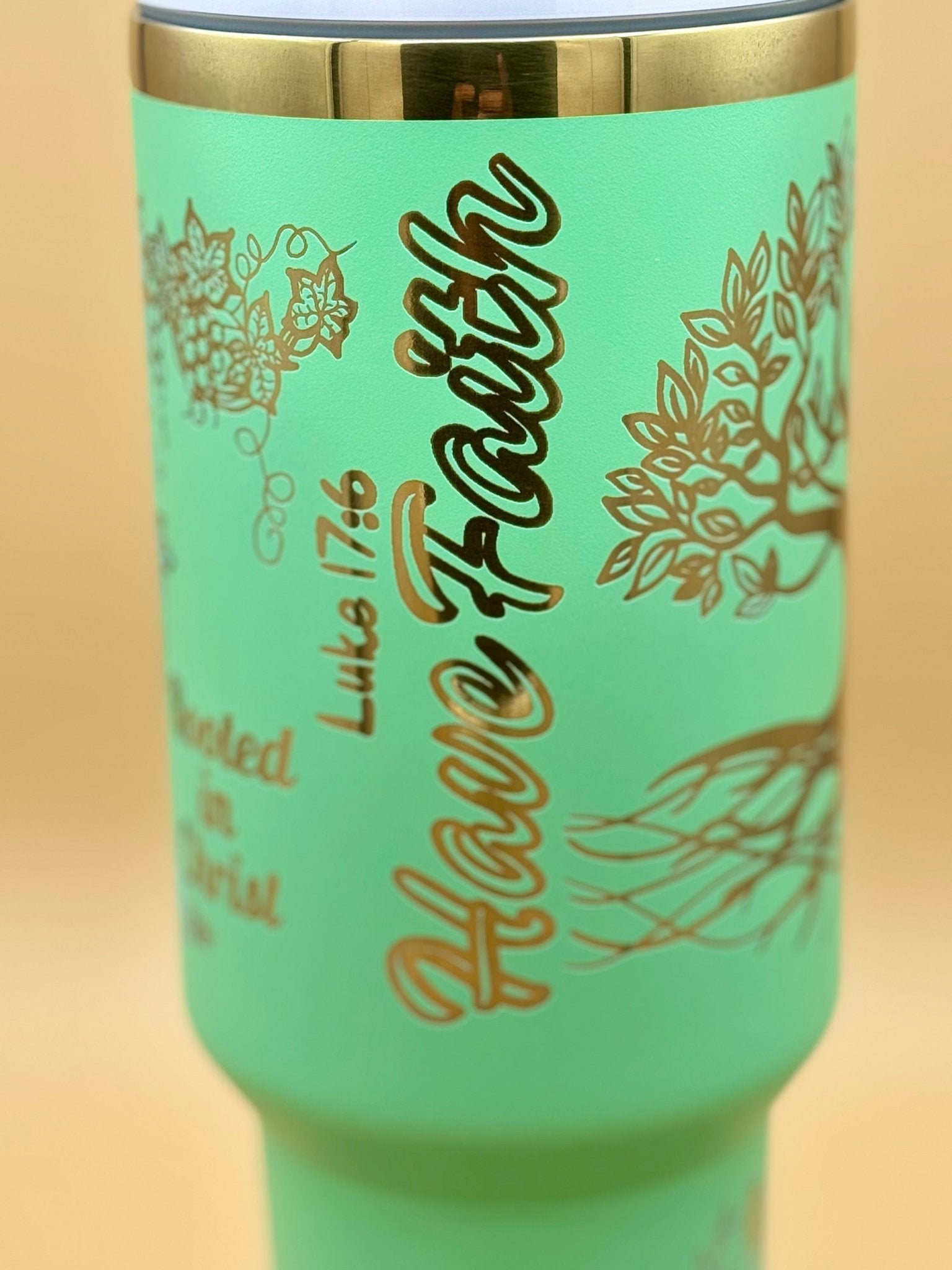 "Rooted in Christ" Hand - Drawn 40oz Teal Tumbler – Original Tree of Life & Scripture Engraved Travel Mug - His Word Designs