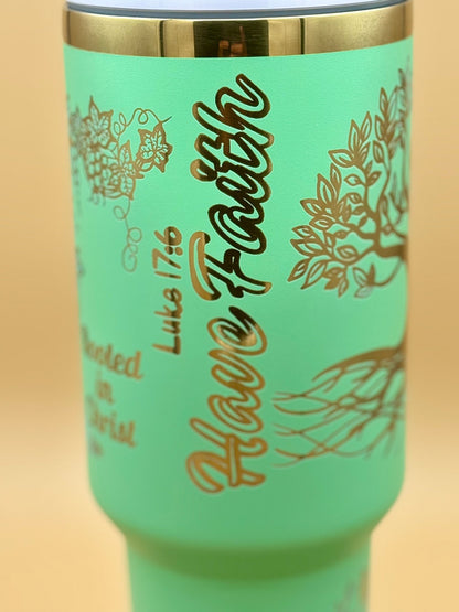 "Rooted in Christ" Hand - Drawn 40oz Teal Tumbler – Original Tree of Life & Scripture Engraved Travel Mug - His Word Designs