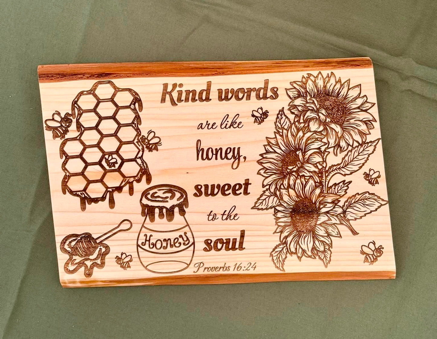 Kind Words Are Like Honey Live Edge Wood Plaque - Proverbs 16:24 - Close view of Proverbs 16:24 honeycomb, honey jar, and floral engraving on live edge wood — His Word Designs