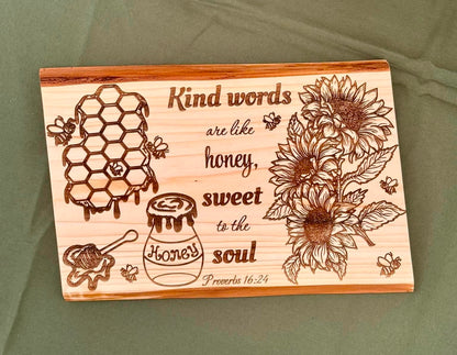 Kind Words Are Like Honey Live Edge Wood Plaque - Proverbs 16:24 - Close view of Proverbs 16:24 honeycomb, honey jar, and floral engraving on live edge wood — His Word Designs