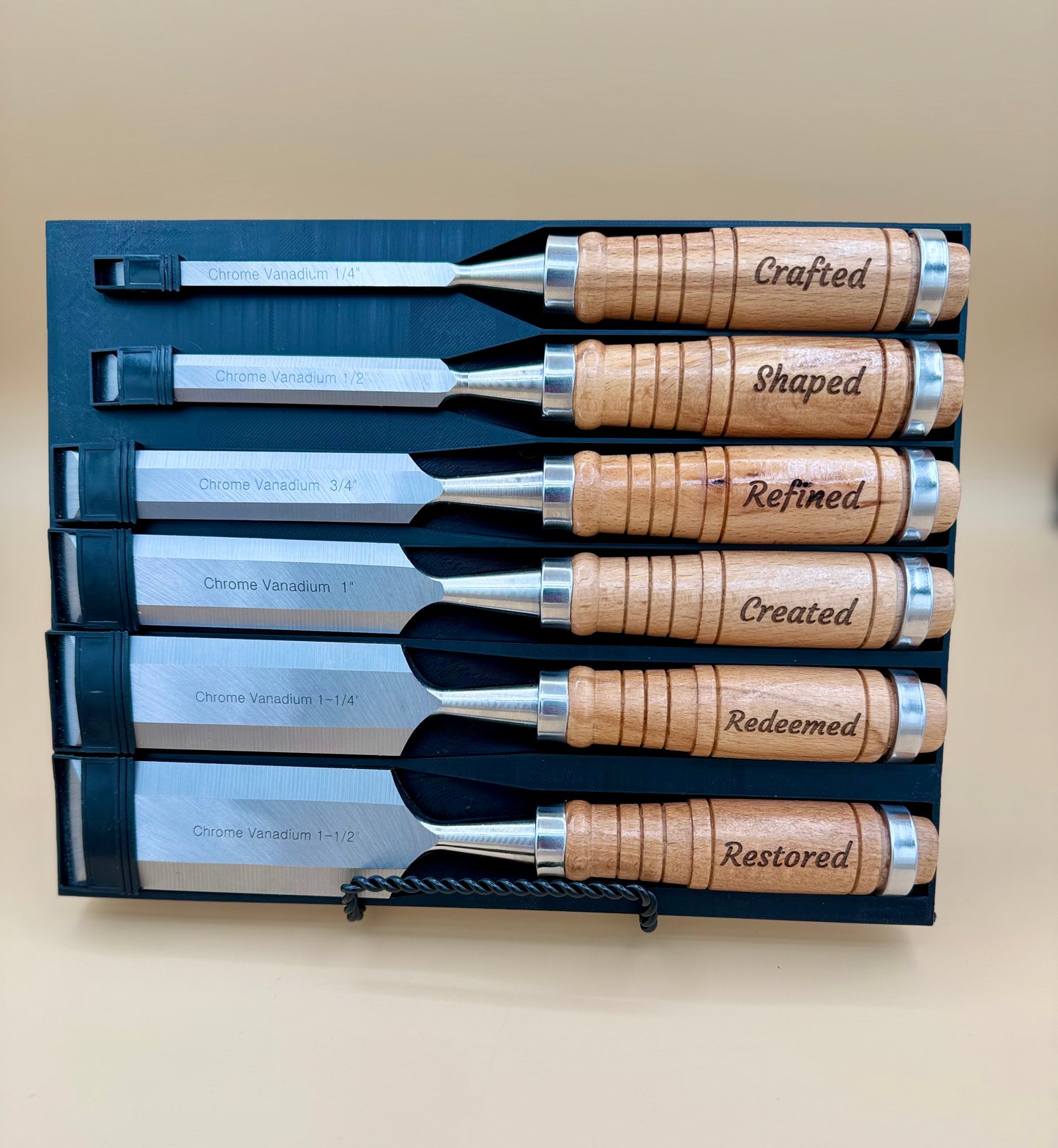 Engraved Hardwood Woodworking Chisel 6-Piece Set - Faith & Craftsmanship - Faith and Craftsmanship six-piece engraved hardwood chisel set displayed upright — His Word Designs