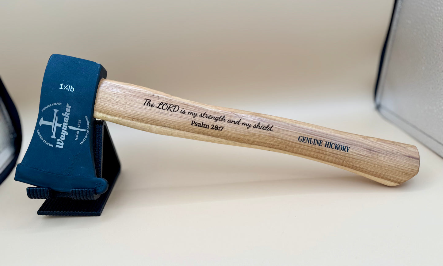 Waymaker Cross Laser Engraved Hickory Camp Hatchet (Psalm 28:7) - Waymaker cross engraved hickory camp hatchet with Psalm 28:7 handle inscription — His Word Designs